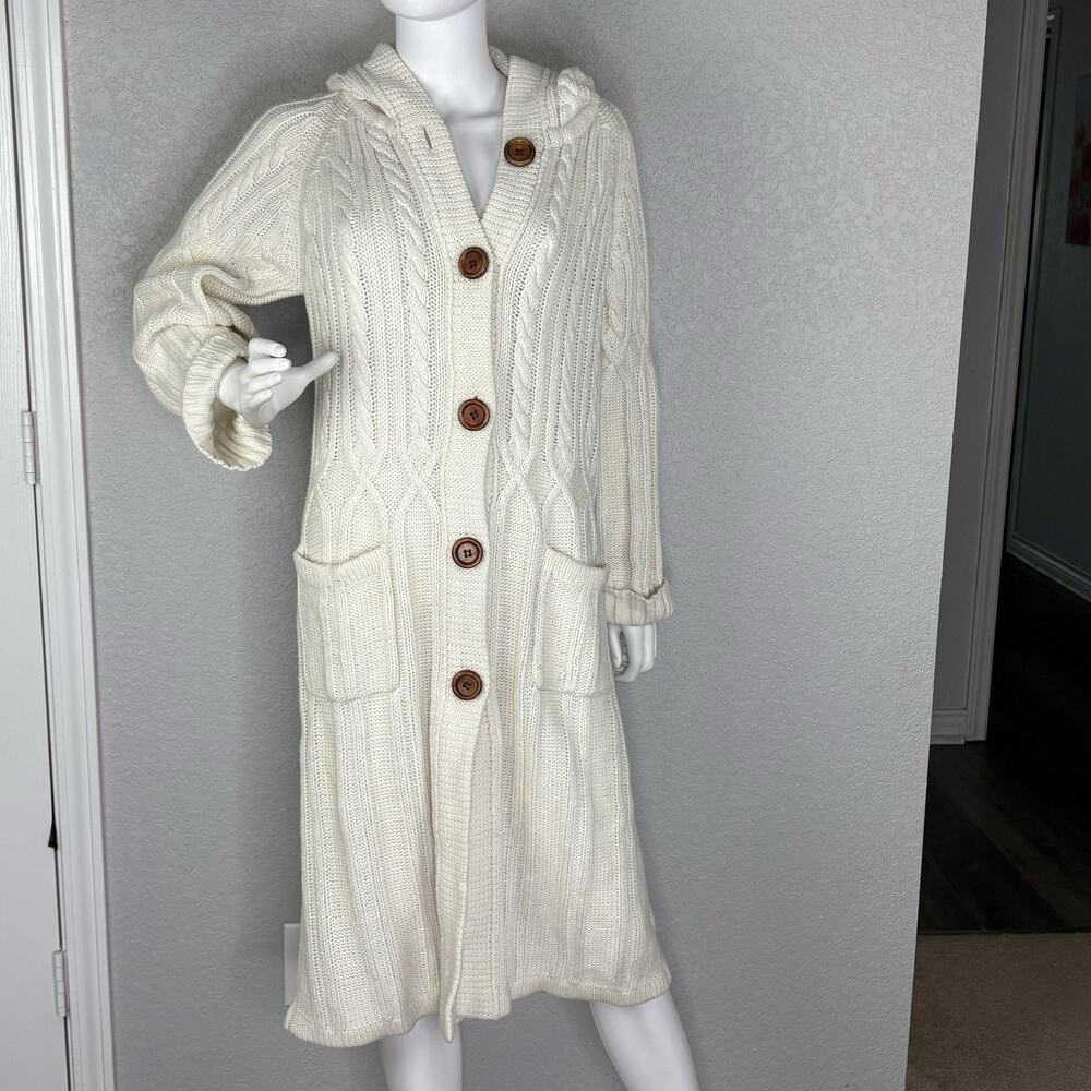 Vintage 70s Long Duster Cardigan Hooded Chunky Cable Knit Ivory Size M